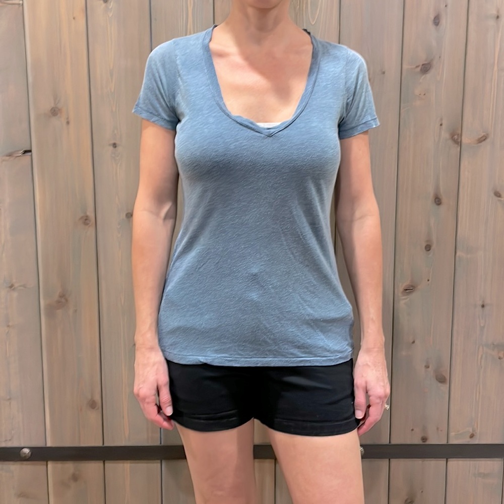 We The Free Blue Cotton Blend V Neck T-Shirt